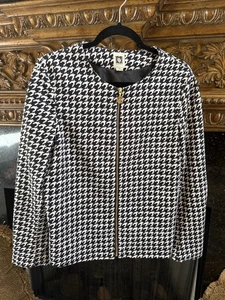 Anne Klein Hahnentritt Blazer Jacke Mantel Damen Größe 12 Schwarz Weiß Reißverschluss - Bild 1 von 5