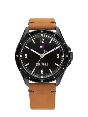 Tommy Hilfiger Men’s Watch Analog Black Dial Brown Leather Band  1791906 New - Image 1 of 4