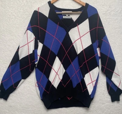 Pringle Of Scotland Vintage Sweater Large Argyle Diamond V Neck Knitted Vintage - Image 1 of 4
