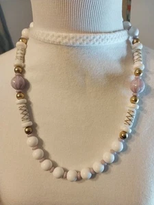Vintage Beaded Necklace Beautiful Glass Lavender & White/Gold Beads - Picture 1 of 3