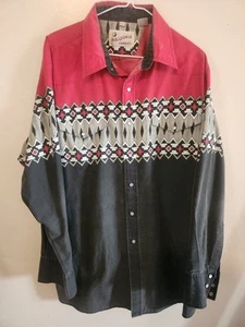 Vintage Mens Western Branded Cowboy Button Up Pearl Snap Red Aztec Print XL 90s - Picture 1 of 5