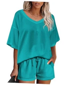 Womens 2 Piece Short Sleeve Waffle Knit V Neck Off Shoulder Casual Loose Fit - Picture 1 of 4