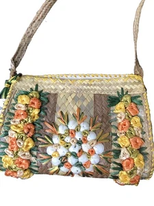 Vintage RAFFIA STROH HAND DAMEN MUSCHELN Bohemian Boho Schultertasche Handtasche MCM - Bild 1 von 12