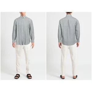 Brunello Cucinelli Herren Leinen Hemd mit Knopfleiste grün gestreift Gr. Medium NEU - Bild 1 von 8
