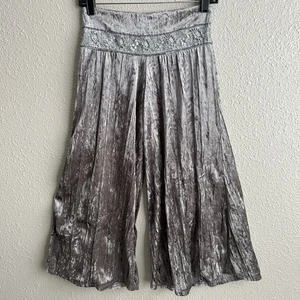 Rave Vintage 90’s Y2K Silver Velvet Sequin Wide Leg S Boho Palazzo Cropped Pants - Bild 1 von 7
