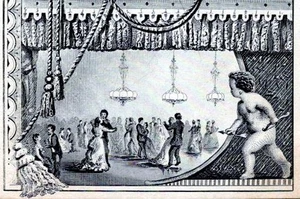 CHERUB w/ARROWS*BALLROOM DANCING SCENE*1880's ERA STOCK TRADE CARD*BENT CORNER - Picture 1 of 3