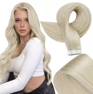 Fshine Tape in Hair Extensions Human Hair Blonde Glue, 18” #60 Platinum Blonde - Picture 1 of 9
