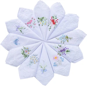 Mix Lot Womens Embroidery Floral Cotton Handkerchiefs Lace Border Wedding Hankie - Picture 1 of 7
