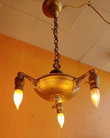 Antique  1920s Gold Painted Brass 3 Lights Pan Chandelier with red/ Blue Cover