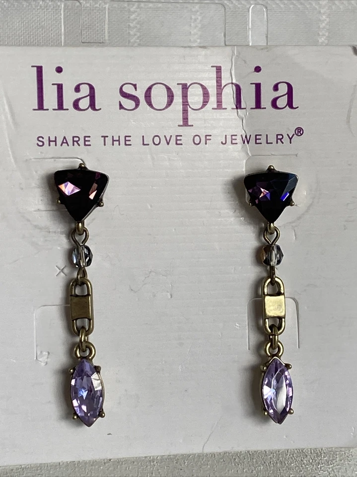 "Pendientes de azúcar azul Lia Sophia corte marqués púrpura tono dorado antiguo 1 7/8"" raros" Foto 1 de 4