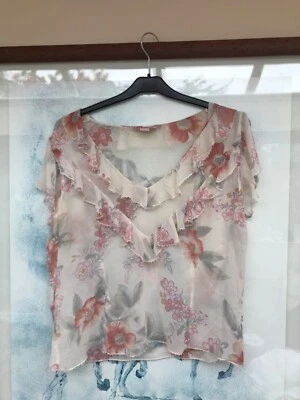 Top MONZÓN beige con flores seda gasa volantes y cuentas cuello en V talla 14 Foto 1 de 4