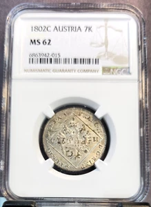 1802 AUSTRIA 20 KREUZER FRANCIS II PRAGUE MINT NGC MS 62 SCARCE MINT STATE - Picture 1 of 3