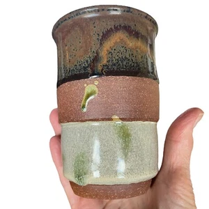 Taza vaso cerámica artística B Campbell florero marrón topo esmalte por goteo textura firmada de 5" - Imagen 1 de 17