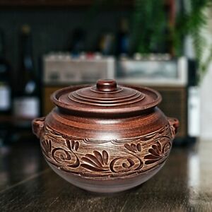 Ceramic casserole Handmade with handles and lid, carved pattern 101.44 fl.oz 