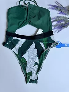 CUPSHE One Piece Swimsuit Women Swimwear Jacquard V-Neck Green High Waist Size L - Picture 1 of 6
