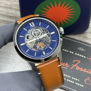 AUTOMATIC✅ Fossil Townsman Brown Leather Silver Case Skeleton Men's Watch ME3154 - Picture 1 of 18