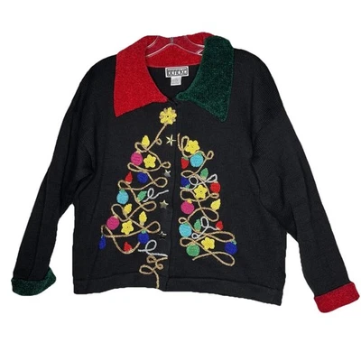 Vtg Berek 2 Ugly Christmas Black Ramie Knit Cardigan Sweater M Embroidered Tree - Image 1 of 4