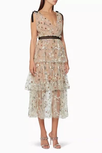 SELF PORTRAIT Beige Nude Sheer Mesh Tulle Belted Embroidered Midi Dress 4 - Picture 1 of 5