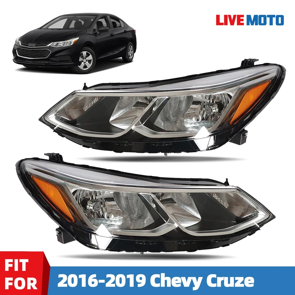 Halogen Headlights For 2016-2019 Chevy Cruze Left + Right Pair w/ Bulbs Chrome - Image 1 of 4