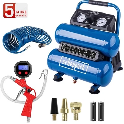 Scheppach Kompressor HC10-Twin 8 bar 2×3,75L Set Spiralschlauch & Reifenfüller