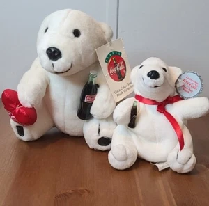 2 Vintage 1993 And 1997 COCA COLA Plush Bears with Tags 7" tall and 5" tall - Picture 1 of 12