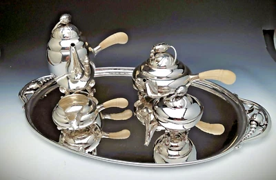Georg Jensen Plata de Ley, Juego de Café y Té de 4 Piezas con Bandeja, Estilo Flor Foto 1 de 4