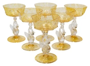 MURANO Art Glass Gold Colored Flaked Swan Stem Glasses - Picture 1 of 14