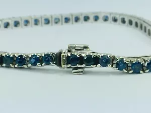 Pulsera de tenis de zafiro azul de corte redondo de 4 quilates enchapada en oro blanco 14 K de corte redondo - Imagen 1 de 8