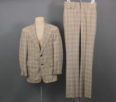 Men's VTG NOS 70s Beige Plaid Houndstooth 2 PC Leisure Suit Sz 39 R 1970s Disco - Image 1 of 4