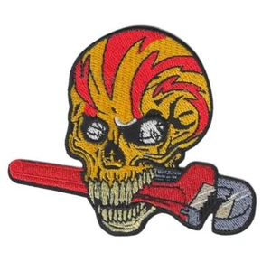 SKULL WITH WRENCH IRON ON PATCH 3.75" Punk Mechanic Biker Motorcycle Embroidered - Picture 1 of 2