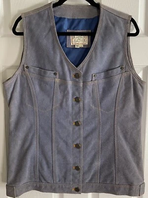 Chaleco Grande Vintage Años 90 Braefair Cuero Azul Denim Gamuza Pesada Motocicleta Motociclista Foto 1 de 4