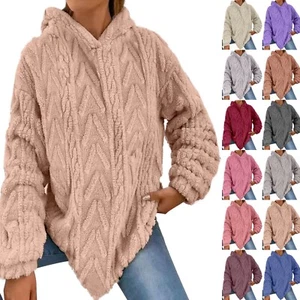 Women's Solid Color Hooded Plush Fleece Oversized Sweatshirt Loose Fit Pullovers - Picture 1 of 60