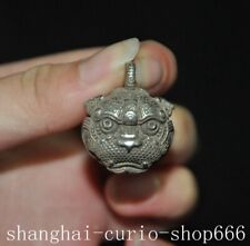 Ancient Tibetan silver fengshui Lion beast head Bell Chung chimes clock pendant
