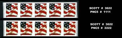 USA, SCOTT # 3622, SET OF 2 STRIPS PNC #1111 & #2222 NON-DENOMINATED 2002 FLAG - Image 1 of 3
