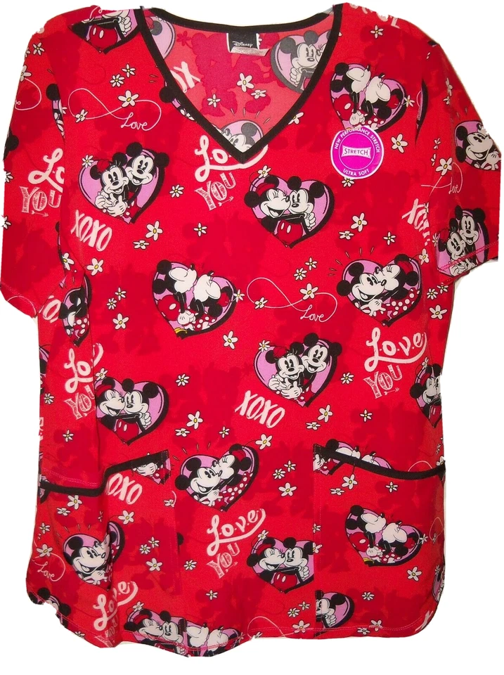 Disney Mickey Loves You Minnie Mouse Scrub Top Uniform Womens Size Large NWT - Image 1 of 1