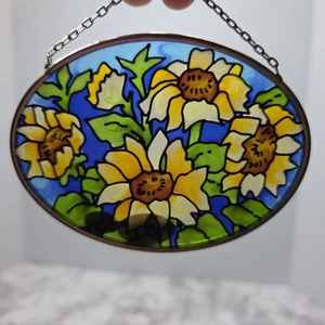 Joan Baker Design Stained Glass Art Suncatcher Yellow Sunflowers Handpainted  - Picture 1 of 12
