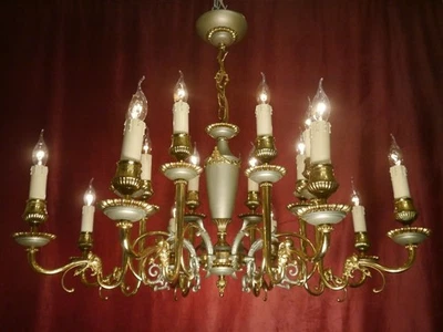 ANTIQUE OLD CHANDELIER LARGE 16 LIGHTS SHINY BRASS EMPIRE GREEN Ø 39" - Image 1 of 4