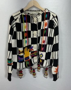 VTG Michael Simon OS Unique Checkered Funky Sweater Cardigan art to wear Gaudy - Picture 1 of 11