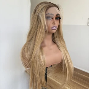 T Lace Frontal Wig Heat Resistant Hair Ombre Blonde Pre Plucked Long Straight - Picture 1 of 9
