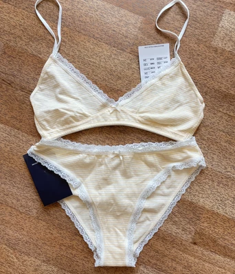 Brandy Melville Yellow Stripe Set Lace Bralette Bra Top & Bow Panty Underwear - Image 1 of 4