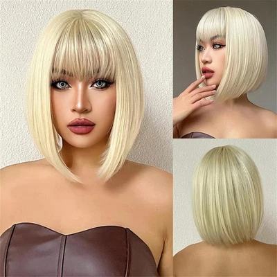 MISSWEN Bob Straight Cosplay Wigs With Fringe Blonde Soft Layered Heat Resistant Hair