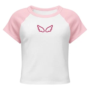 Women’s Fitted Baby Tee Embroidered Shirt – Angel Wings Aesthetic - Picture 1 of 11