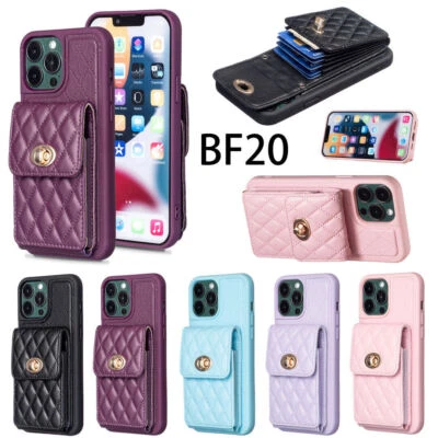 Grid Leather Lanyard Wallet Phone Case for iPhone 11 12 13 14 Pro Max XR XS 7 8 - Image 1 of 4