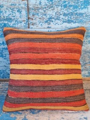 Travesseiro Kilim 1950s 15"x16"-38cmx41cm turco tecido à mão vintage listrado lã - Imagem 1 de 4