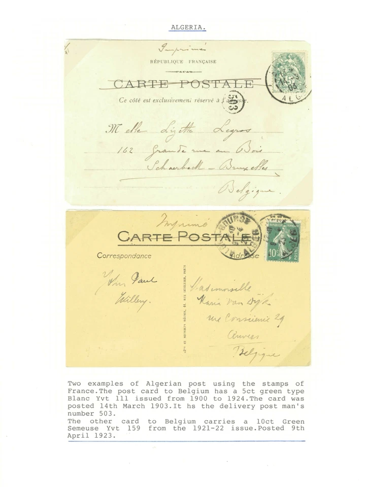 ALGERIA-POSTCARD-Using the stamps of France. Both postcards to Belgium - Image 1 of 1