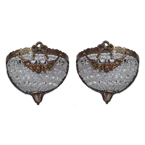 Pair Antique Replica Dumi Lune Crystal Basket French Empire Small Wall Sconces Cover