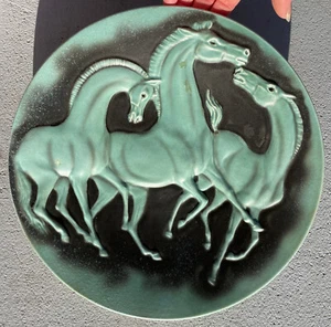 Vtg 50s Cortendorf Wall Hanging Art Plate Horses West Germany WGP Green Relief - Picture 1 of 12