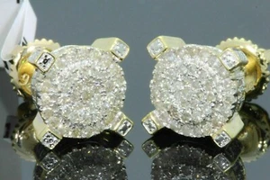 14k Yellow Gold Plated 2Ct Round Lab Created Diamond Cluster Stud Men's Earring - Picture 1 of 4
