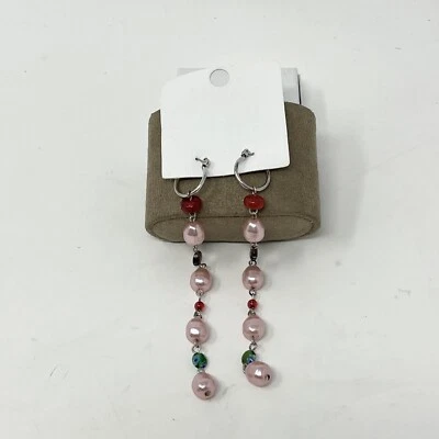 NWT Free People Regina Pearl Dangle Earrings In Pink Red Strand Hoops Bead - Image 1 of 4