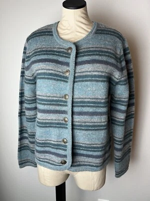 Vintage Tally Ho Wool Cardigan Medium Blue Striped Ornate Buttons Classic Cozy - Image 1 of 4